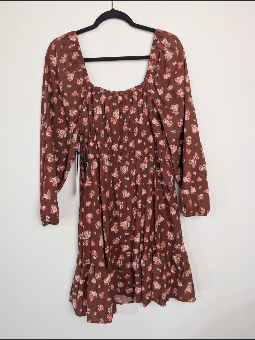 NWT Brown Floral Midi Smocked Dress Cowgirl Western Rodeo Coquette‎ Milkmaid - Picture 7 of 7